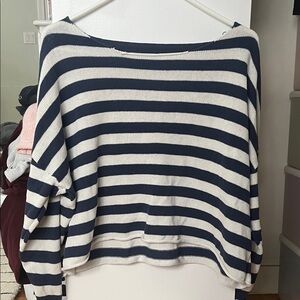 Edikted Navy and White Striped Off-the-Shoulder Sweater